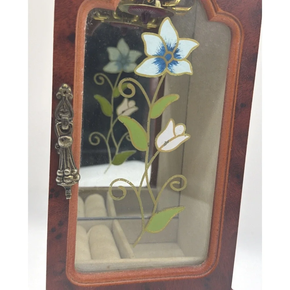 Powell Vintage Wood Upright Jewelry Box Armoire Glass Floral Door Rotating Brown